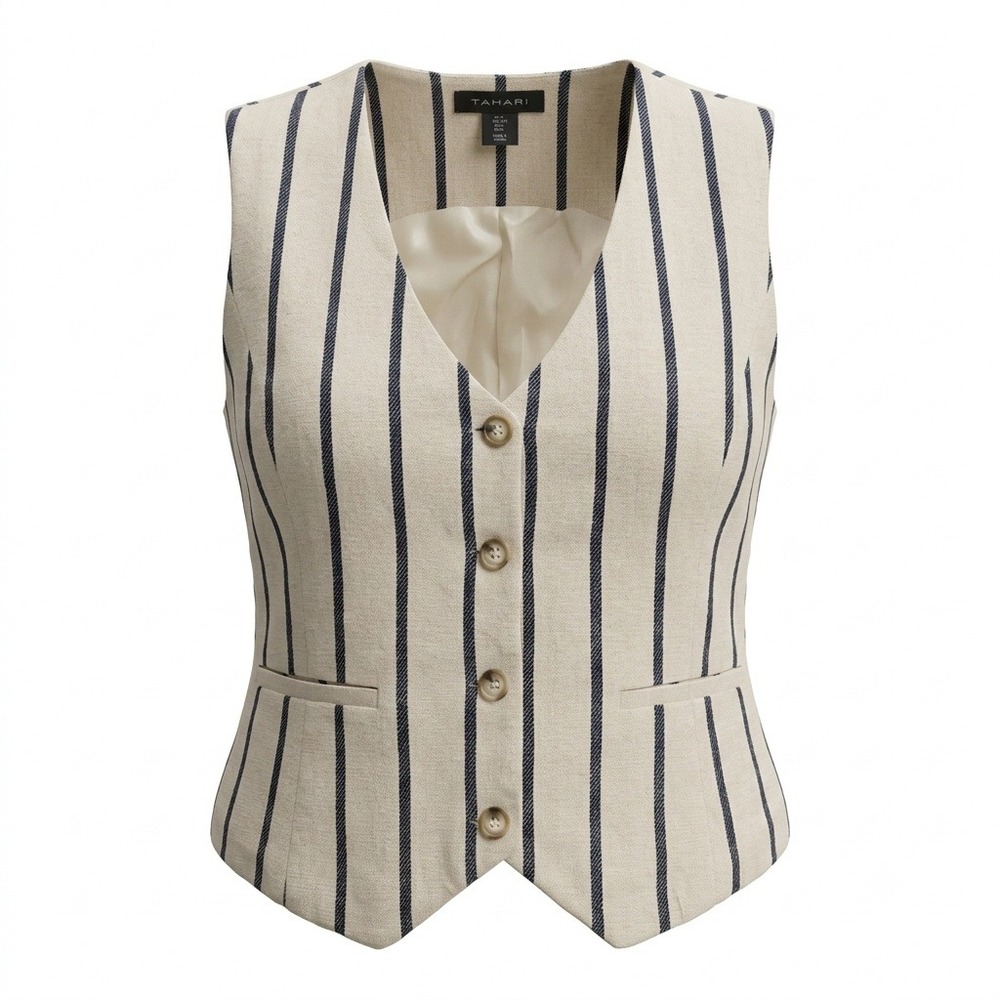 Tahari Women L Linen Blend Pinstripe Waistcoat Vest Beige Black Button Front